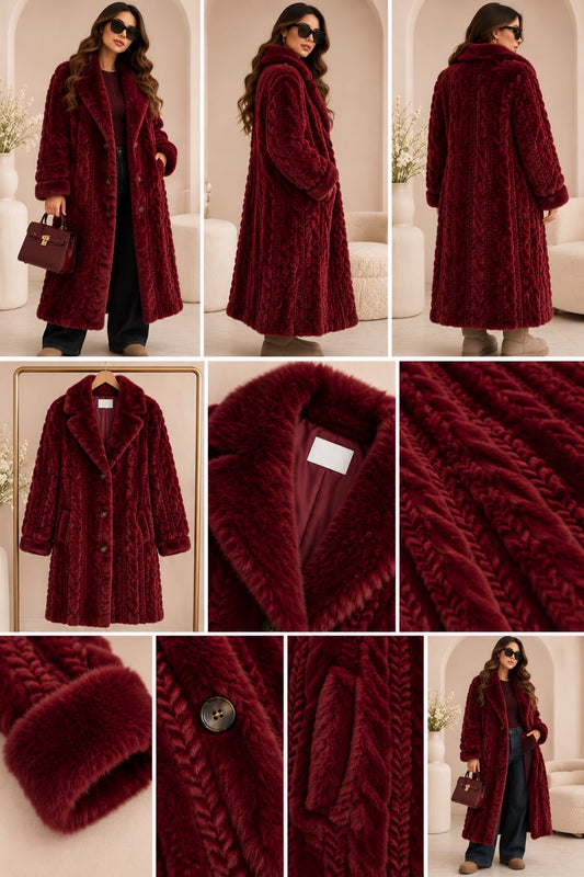 Mayfair Long Faux Fur Jacket – Dark Cherry | Limited Edition