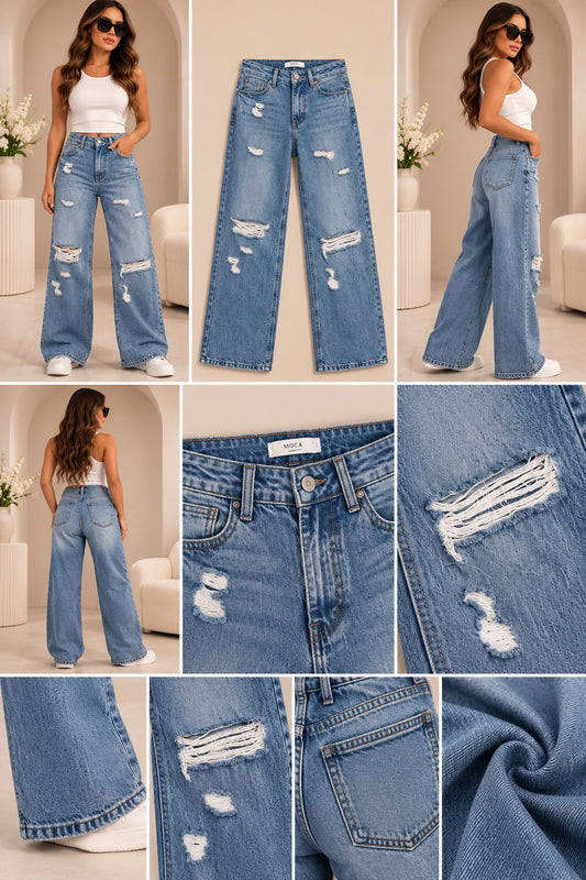 Remi Distressed Wide Leg Jeans